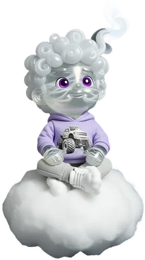 Air Ted: a toy boy made of misty air with cloud-curl hair and a lilac hoodie
