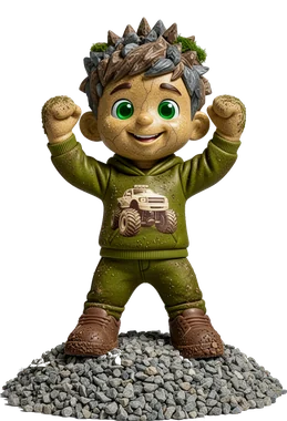 Earth Ted: a toy boy made of sandstone with rocky, mossy hair and a green hoodie
