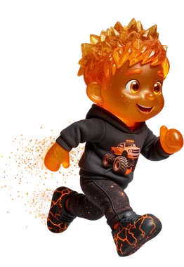 Fire Ted: a toy boy with glowing amber skin, flame hair and a black hoodie