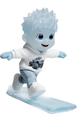 Ice Ted: a toy boy with see-through ice skin, crystal hair and a white hoodie