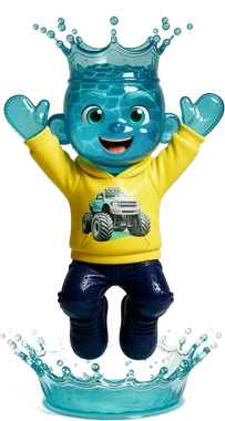 Water Ted: a toy boy made of water with a splash crown and a yellow hoodie